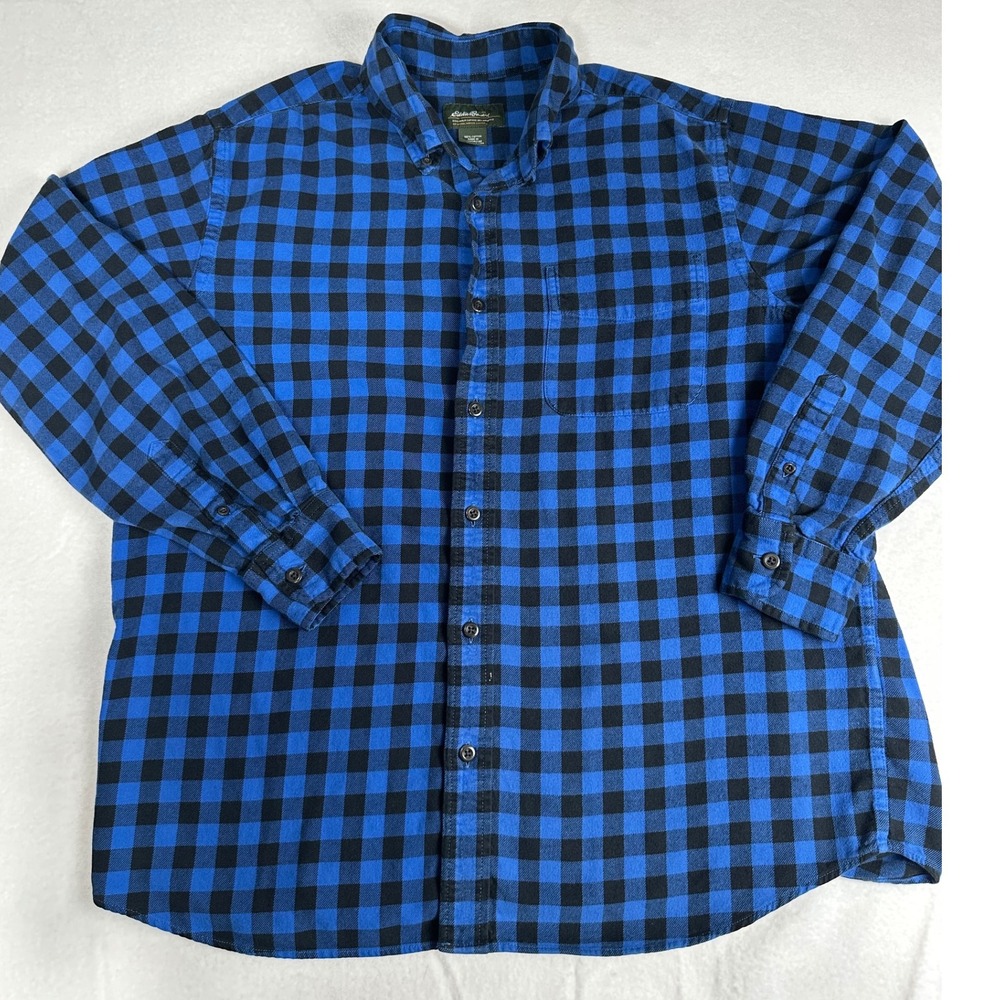 Eddie Bauer Mens Flannel Shirt Blue Black Plaid Button Down Long Sleeve